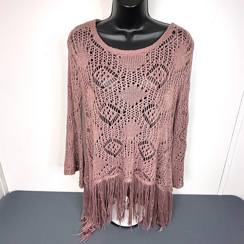Easel Sweater Womens S/M Mauve Crochet Open Knit Fringe Boho Long Sleeve Top